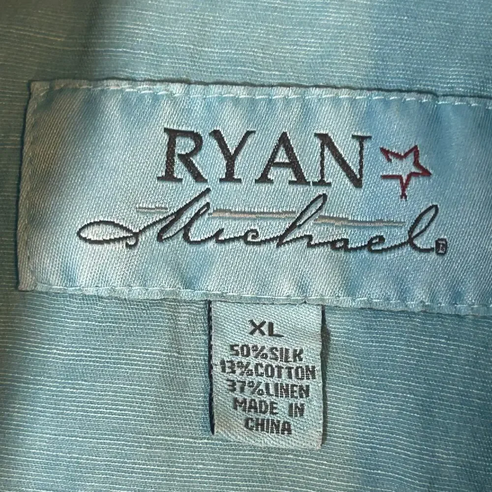 Ryan Michael men's silk linen blend turquoise snap button western shirt XL - Picture 9 of 12